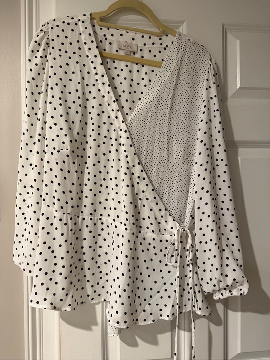 LOFT Tops - LOFT White Wrap Blouse with Black Polka Dots